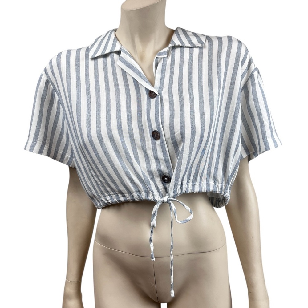 Aakaa Blue Striped Button Front Tie Front Blouse‎